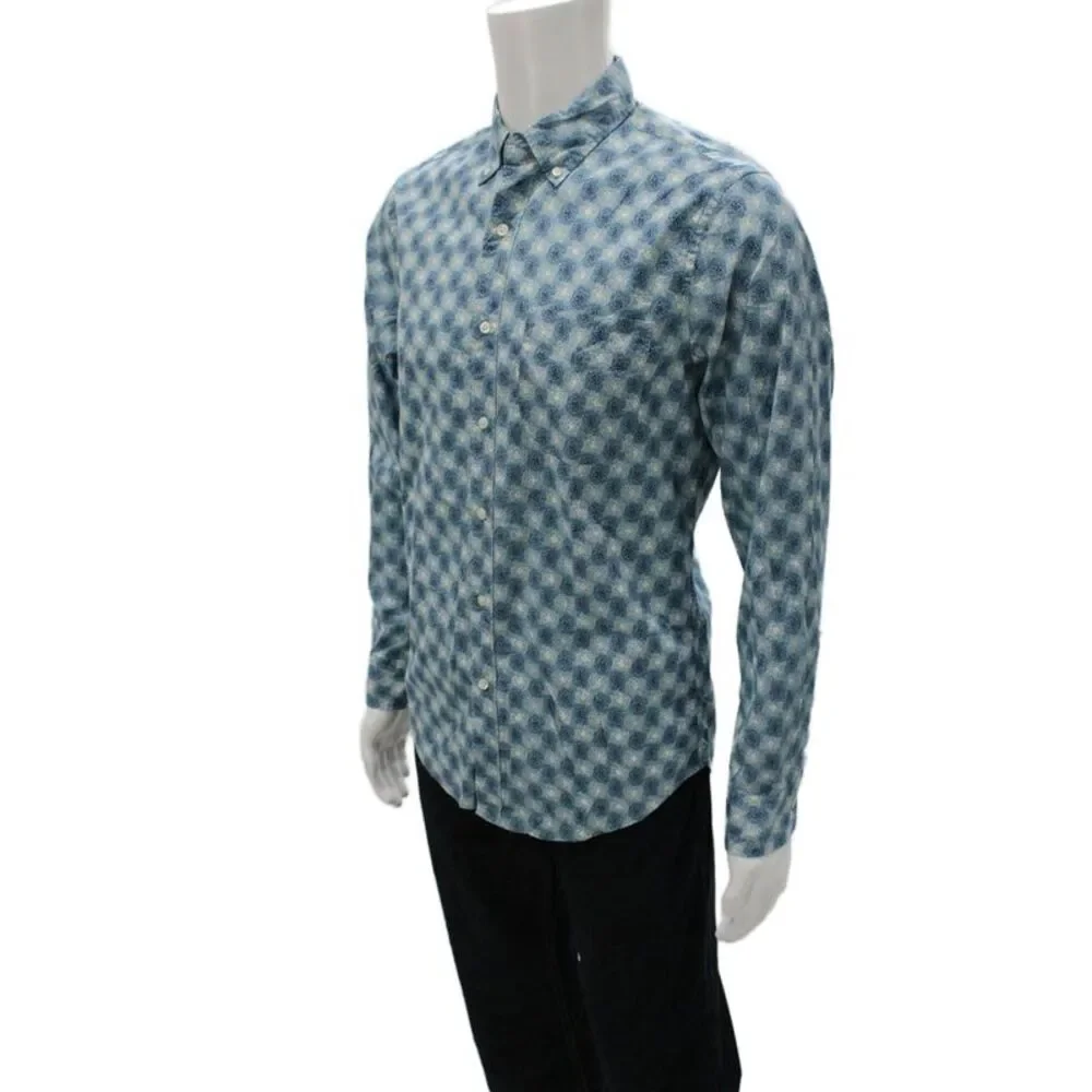 J Crew Mens Cotton Geometric Collared Long Sleeve Button-Down Shirt Blue Size S